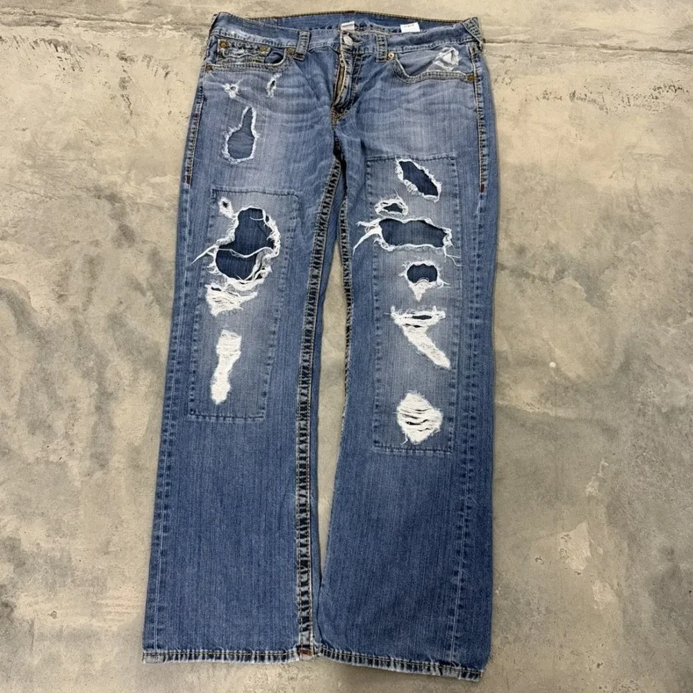 True Religion Straight Section Distressed Patchwork Jeans Blue Mens 38